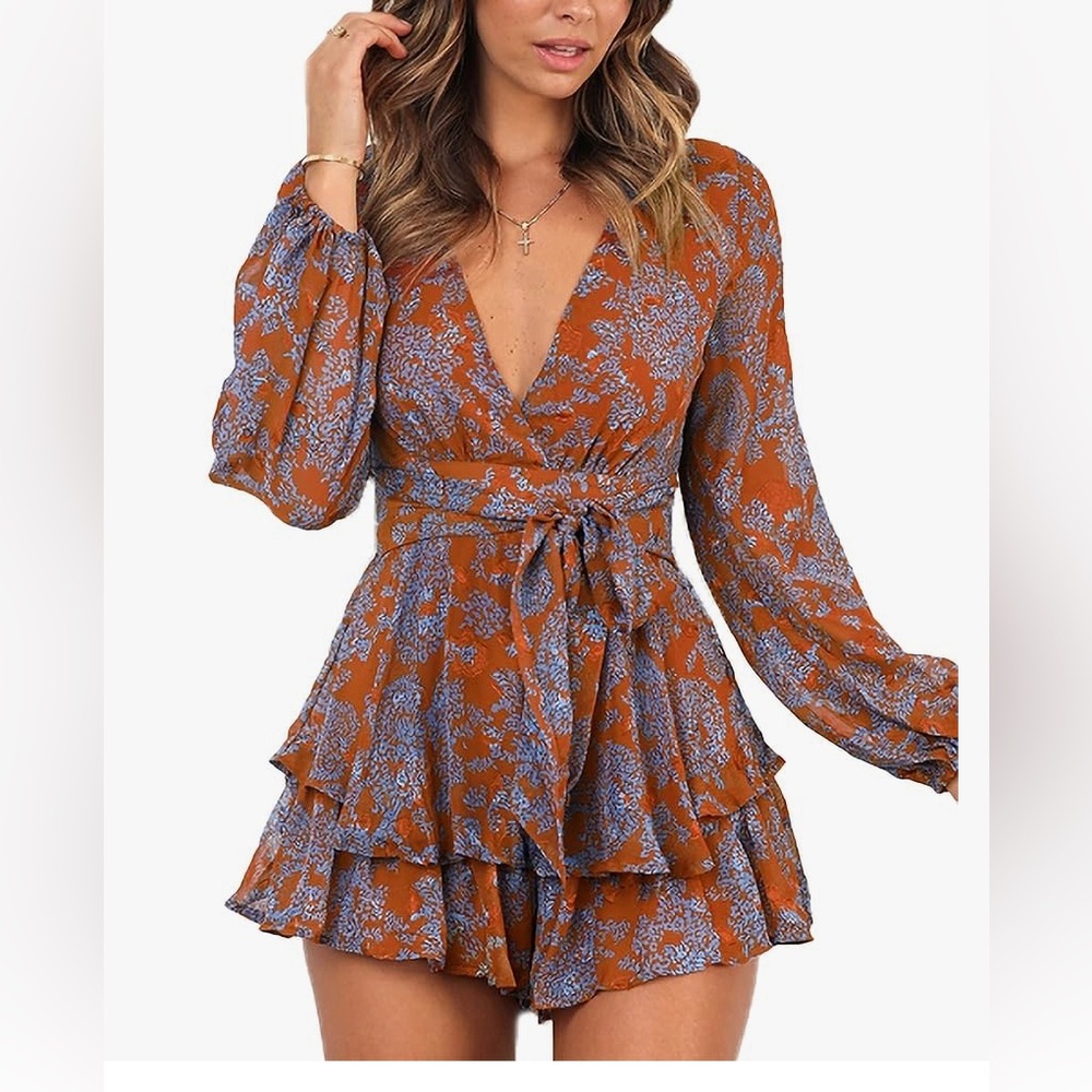 ✨⚡️💥Relipop V Neck Baggy Sleeve Waist Tie Layered Ruffle Hem Shorts Romper